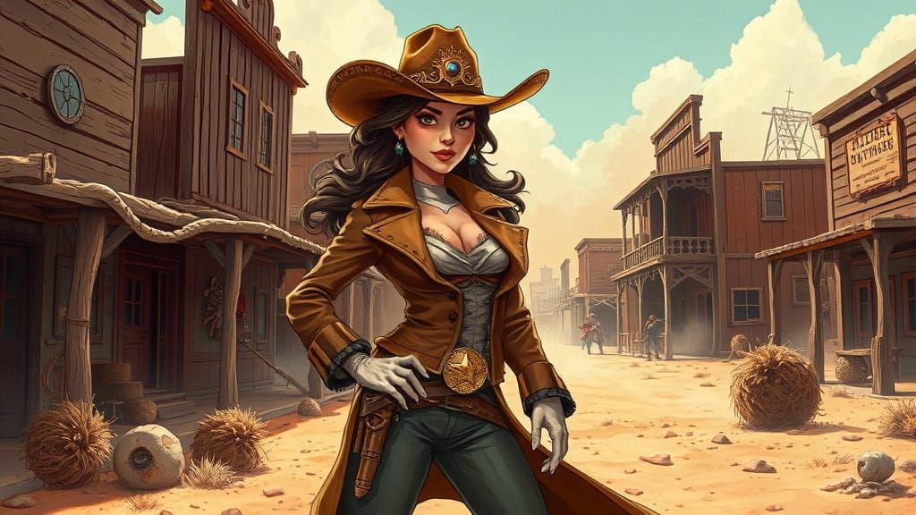 Confident Sheriff Woman in a Wild West Town, in a Cyberpunk-...