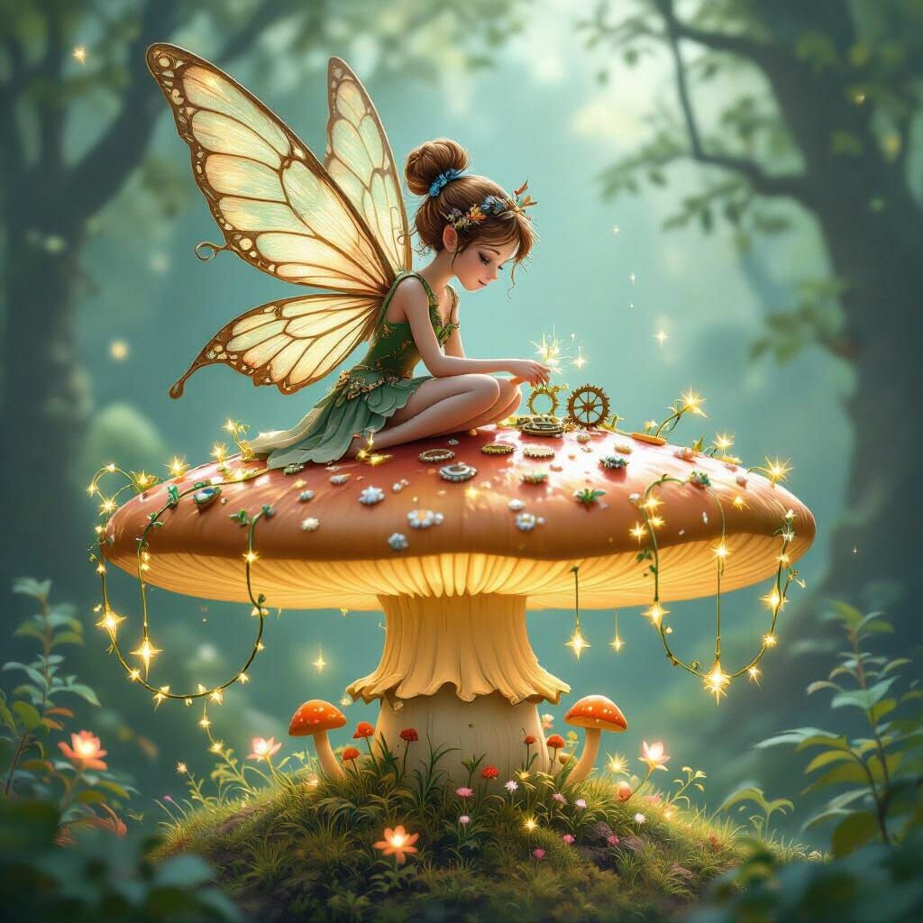 Mechanic Fairy in Bioluminescent Grove, Whimsical Illustrati...