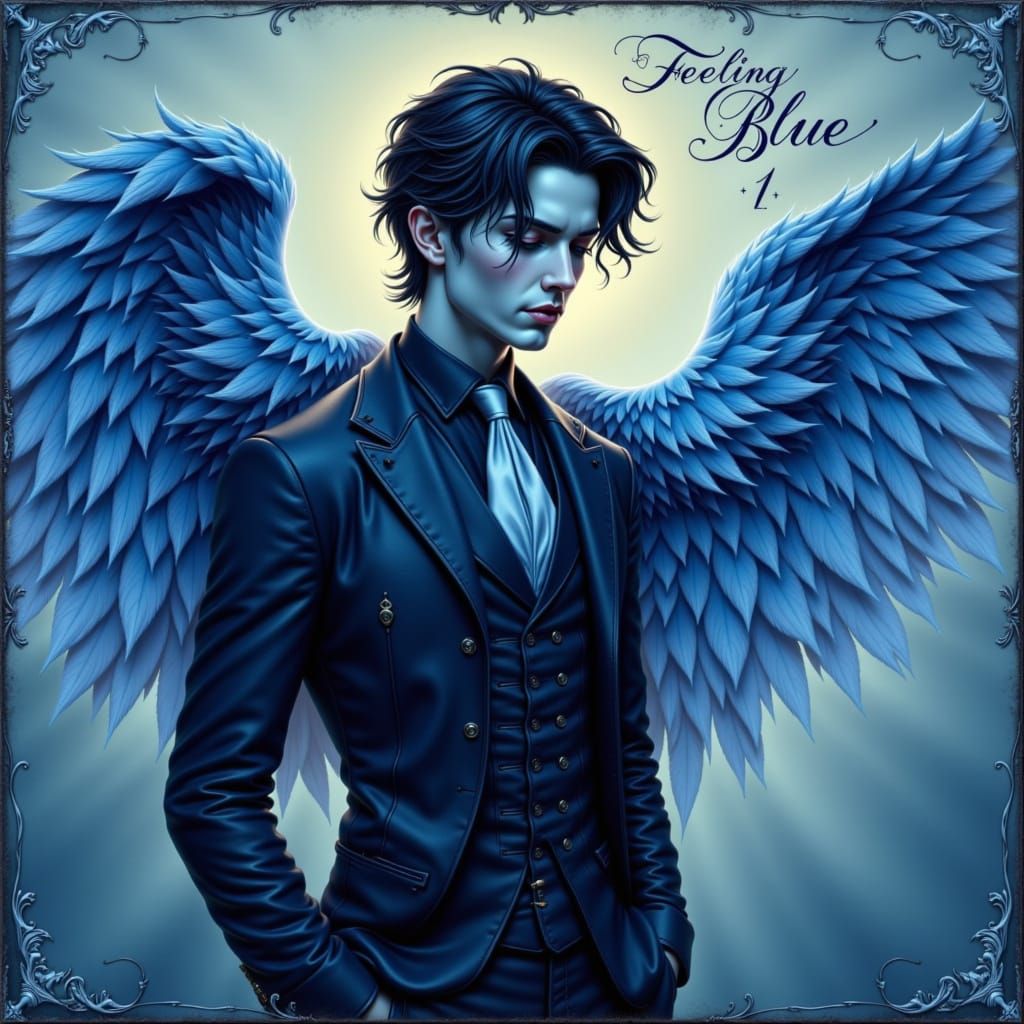 Melancholy Gentleman with Angel Wings in Vintage Storybook S...