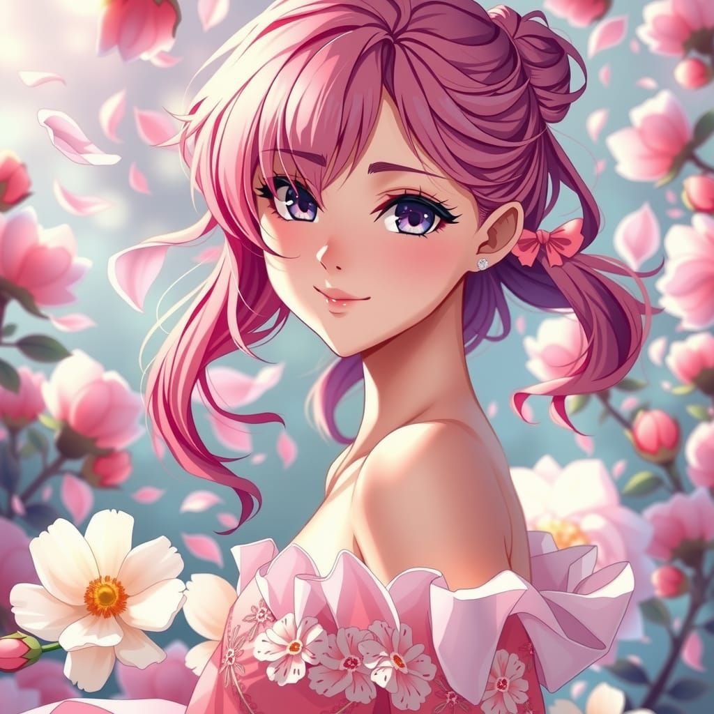 Anime Woman Surrounded by Peony Petals