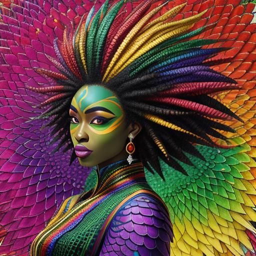 African Woman with Rainbow Dragon Scales in Abstract Art