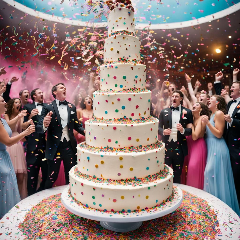 Giant Confetti Cake with Tuxedo Toppers