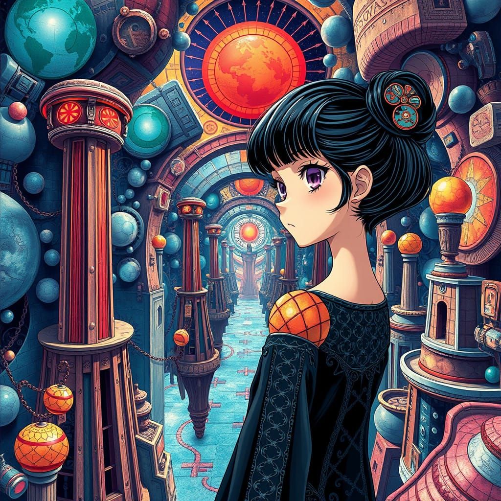 Studio Ghibli girl in 3d escher space.