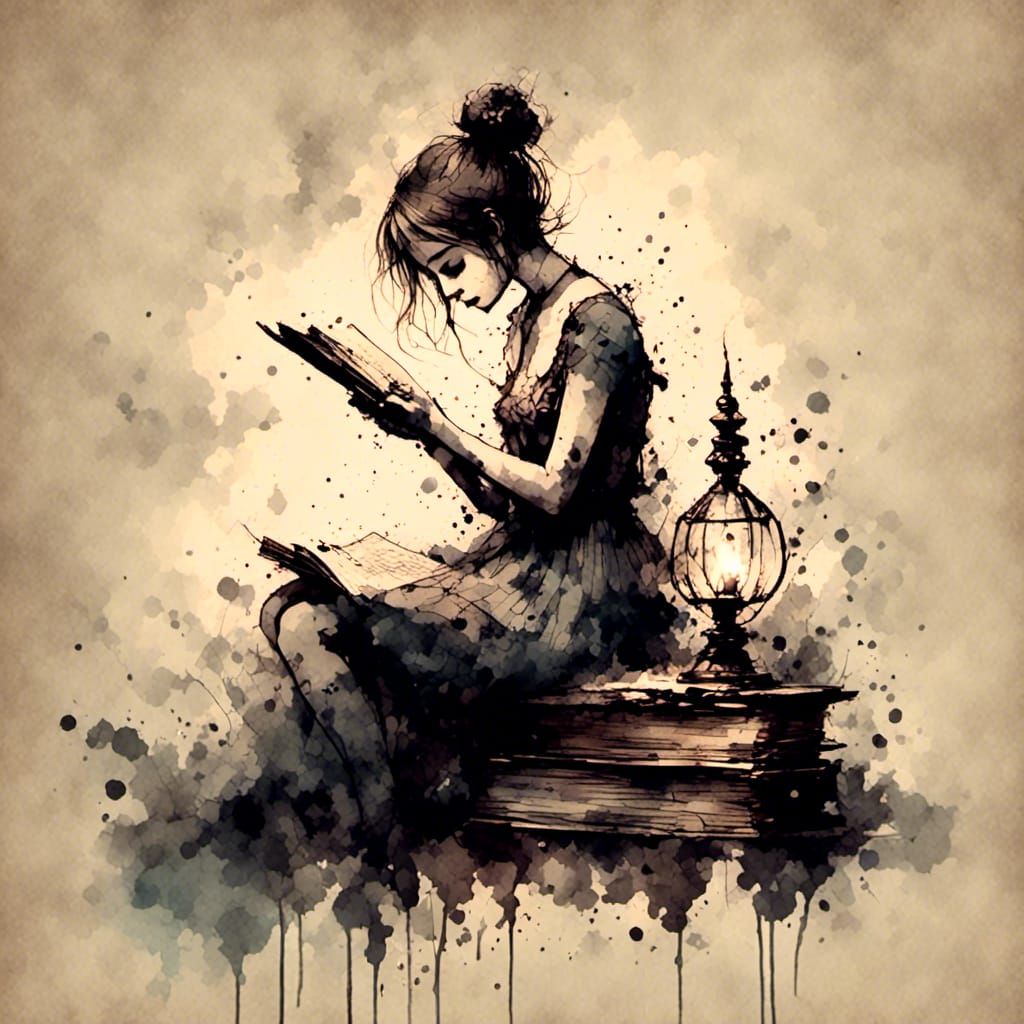 Antique Watercolor Fairy Reads by Lamplight