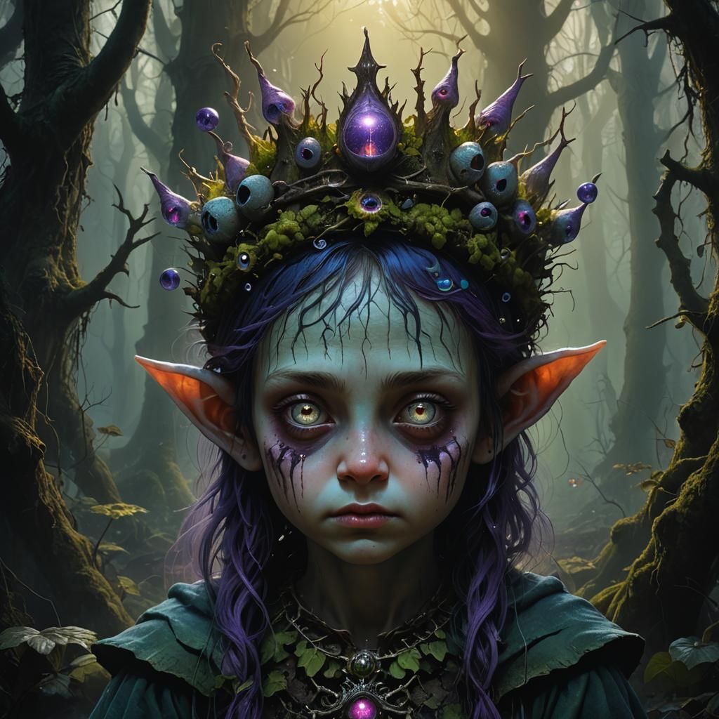 Eerie Gnome Girl in Mystical Forest: Dark Fantasy Portrait