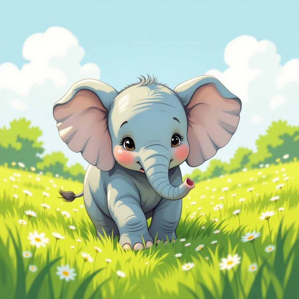 Baby Blue Elephant in Meadow, Children's Illustration Style
