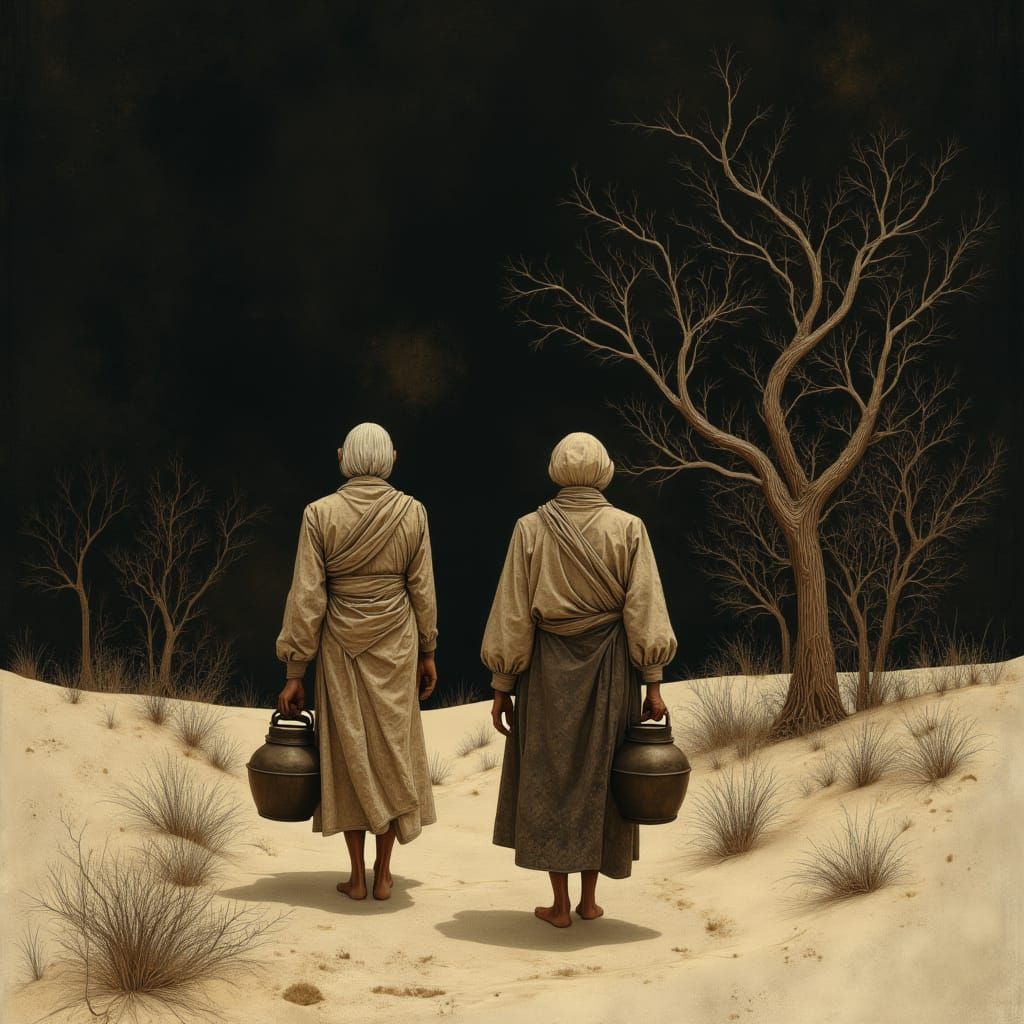 Desert Village Walkers in Digital Art Style