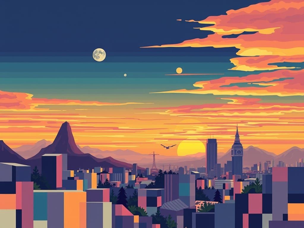Vibrant Sunset Arcology in Geometric Abstraction