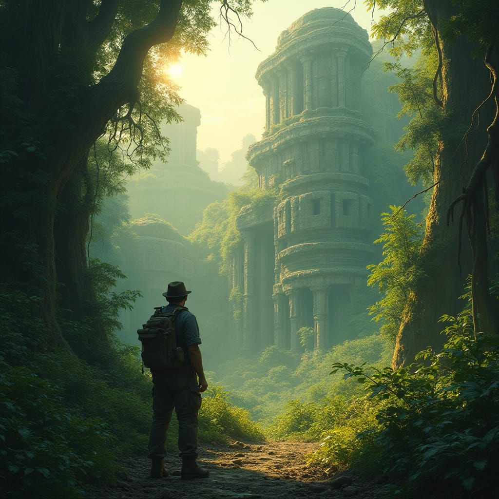 Explorer Discovers Ancient Jungle Ruins in Fantasy Concept A...