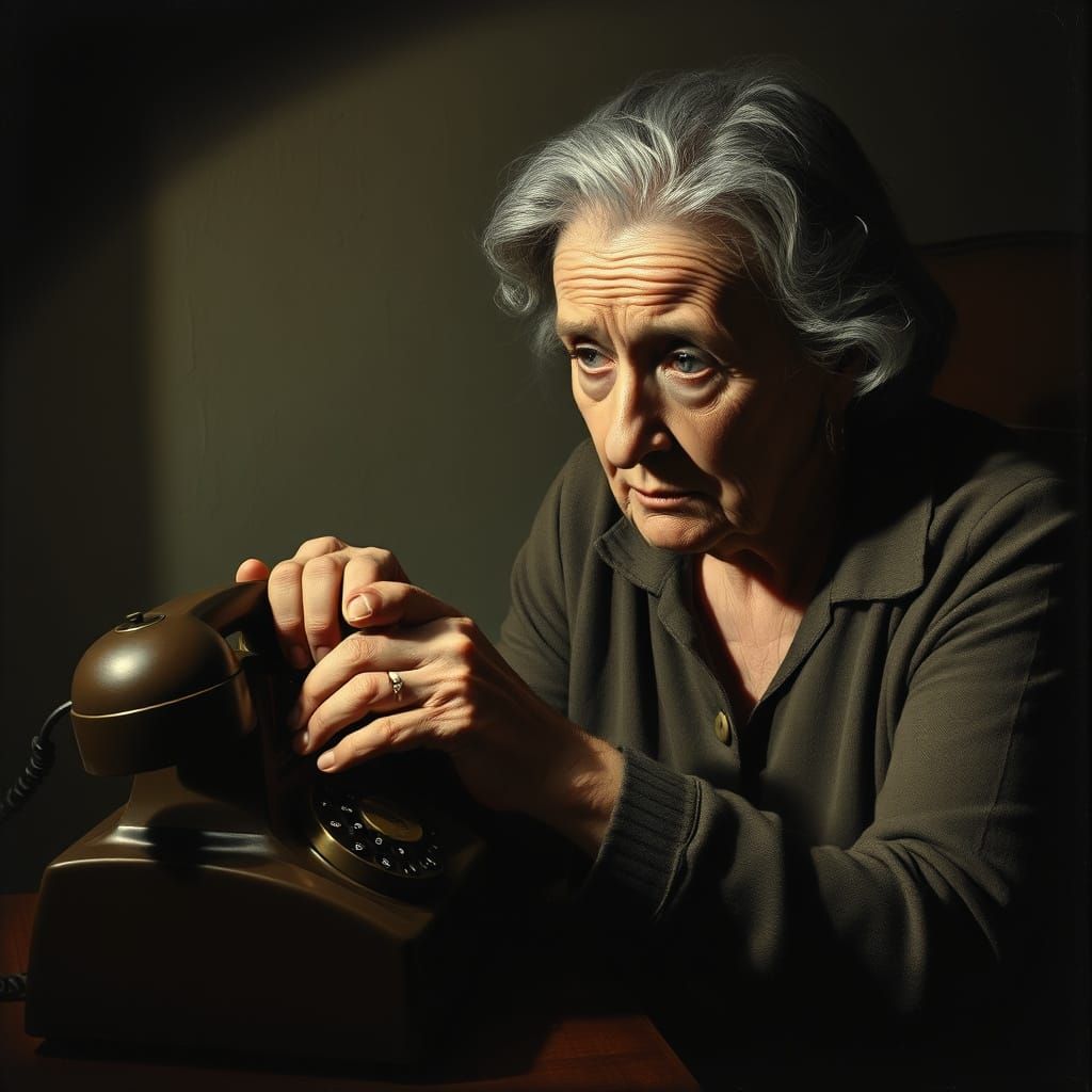 Elderly Woman Receives Worried Phone Call in Chiaroscuro Sty...