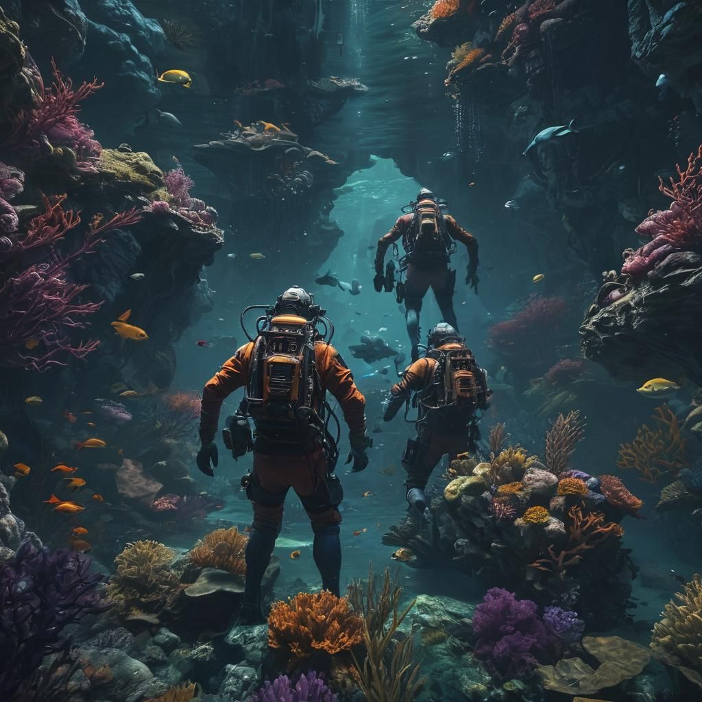 Underwater Divers in a Fantastical Deep Sea Landscape