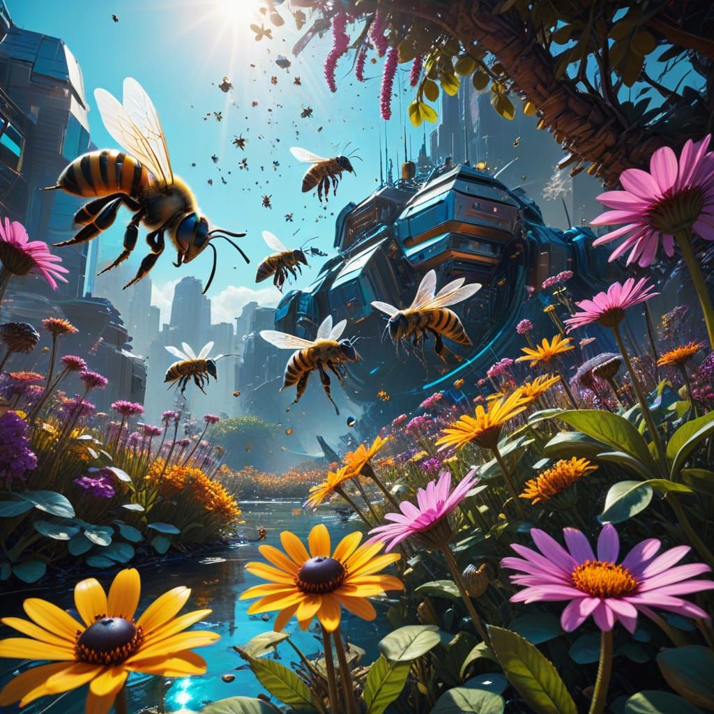 Vibrant Futuristic Garden in Iridescent Oil Painting
