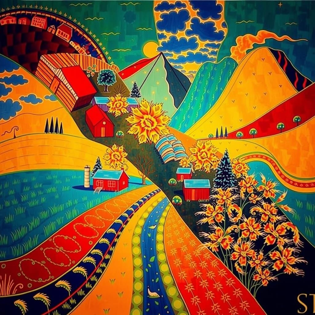 Golden Hour Landscape with Wheat Fields and Mountains