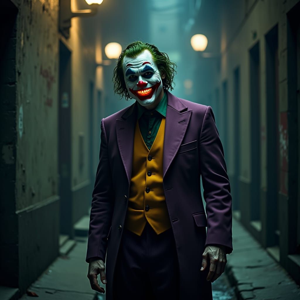 Hyper-Realistic Joker in Gritty Urban Alleyway