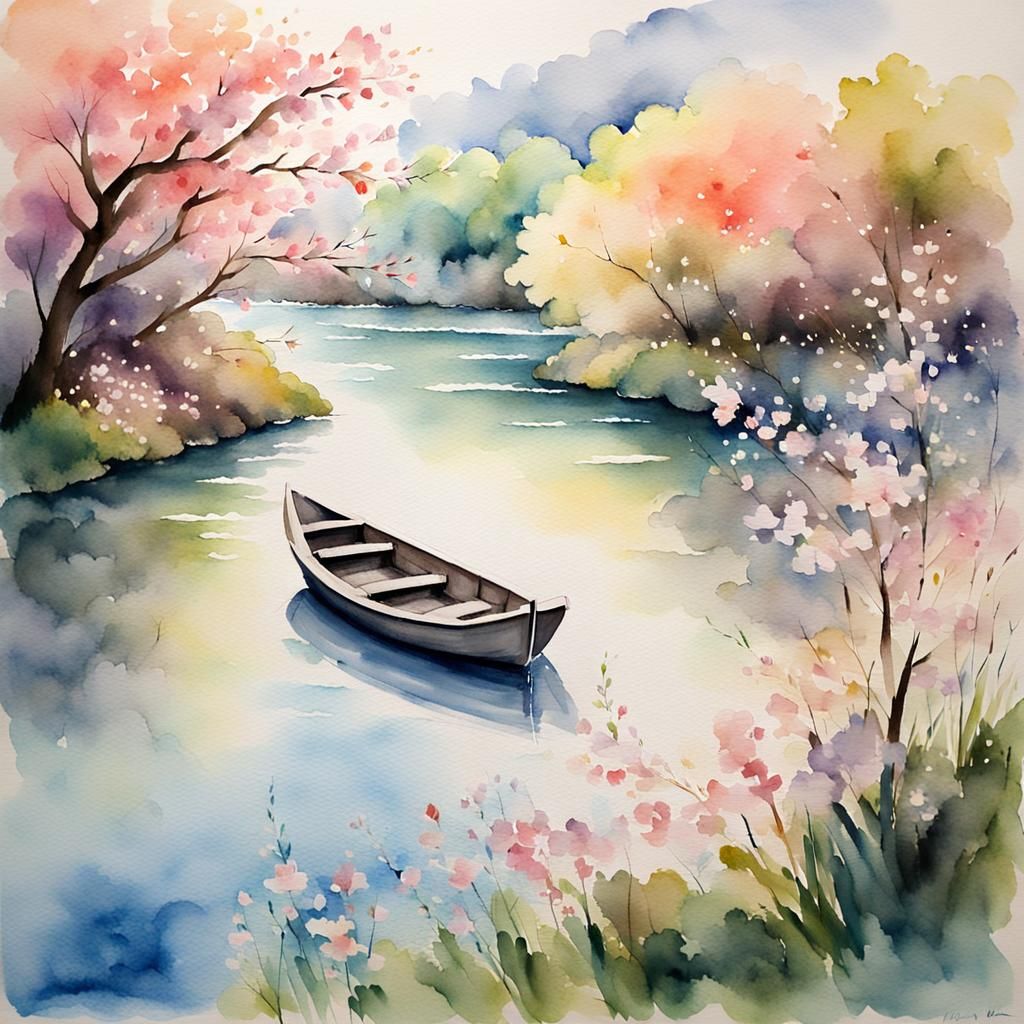 Zen Watercolor Landscape with Blossoms and Butterflies