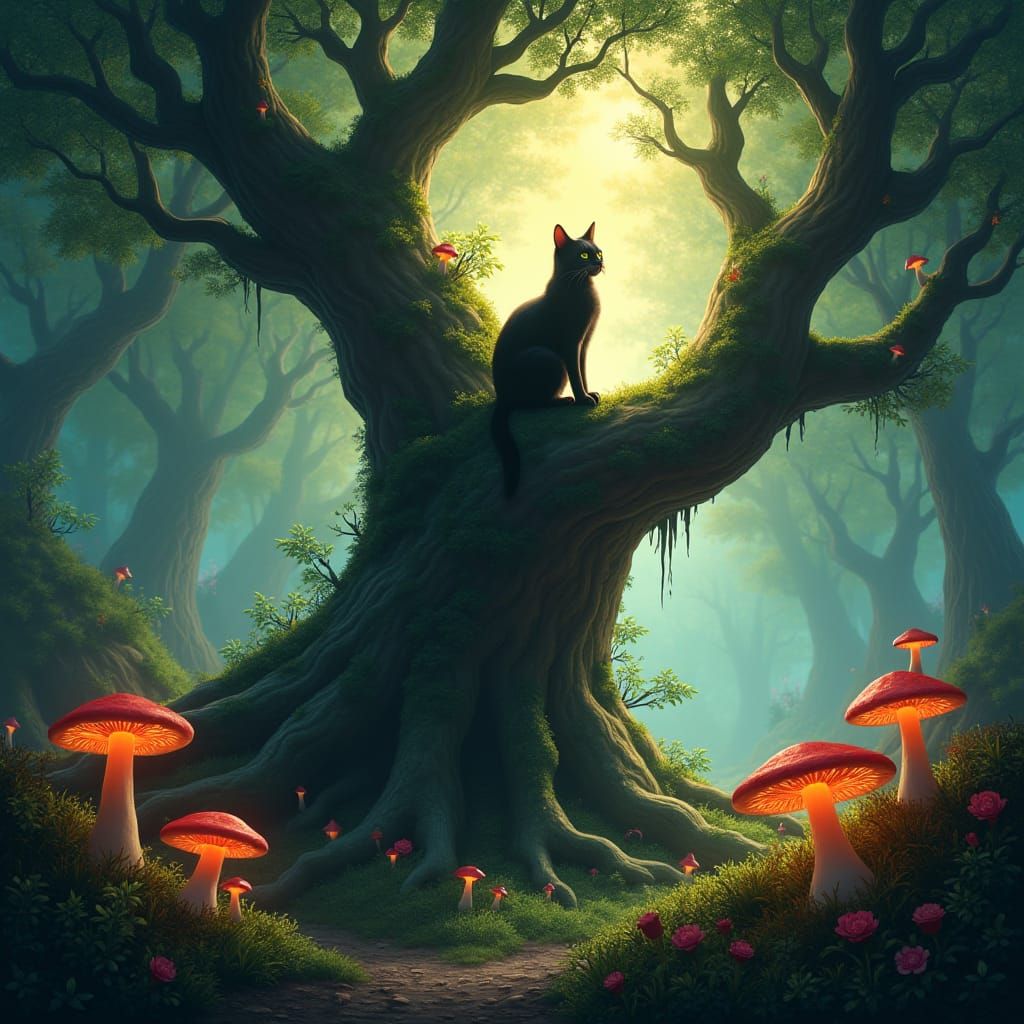 Mystical Cat in Enchanted Forest, Matte Painting
