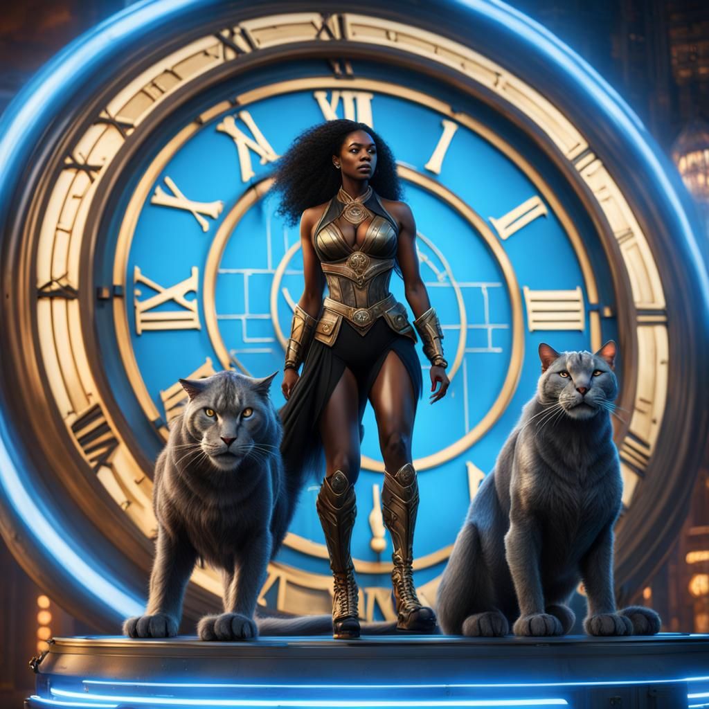 Woman Rides Thundercat Near Electric Blue Clock