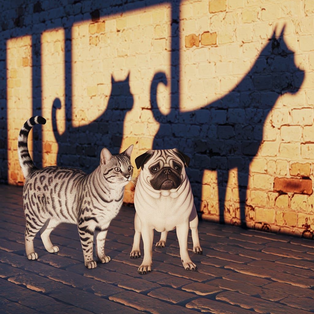 Tabby Cat and Pug Unite with Leopard and Wolf Shadows in Vib...
