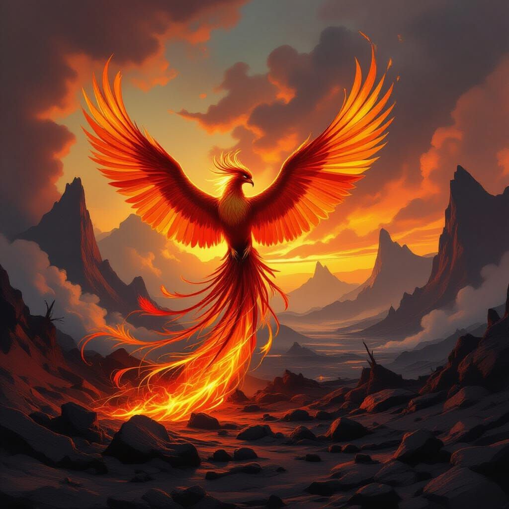 Majestic Phoenix Rises from Ashes in Volcanic Landscape