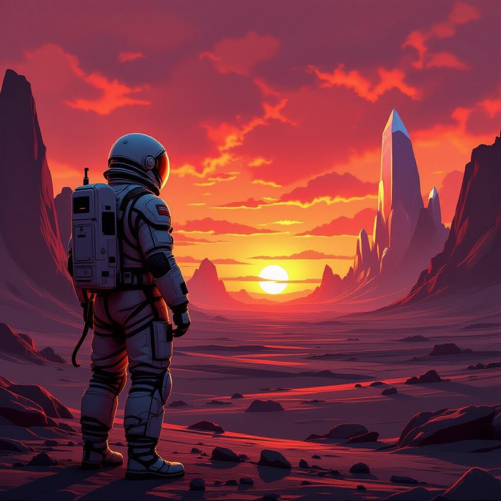 Stoic Father Gazes at Alien Binary Sunset