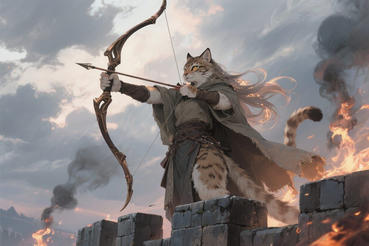 Lynx Archer on Battlements in Anime Style