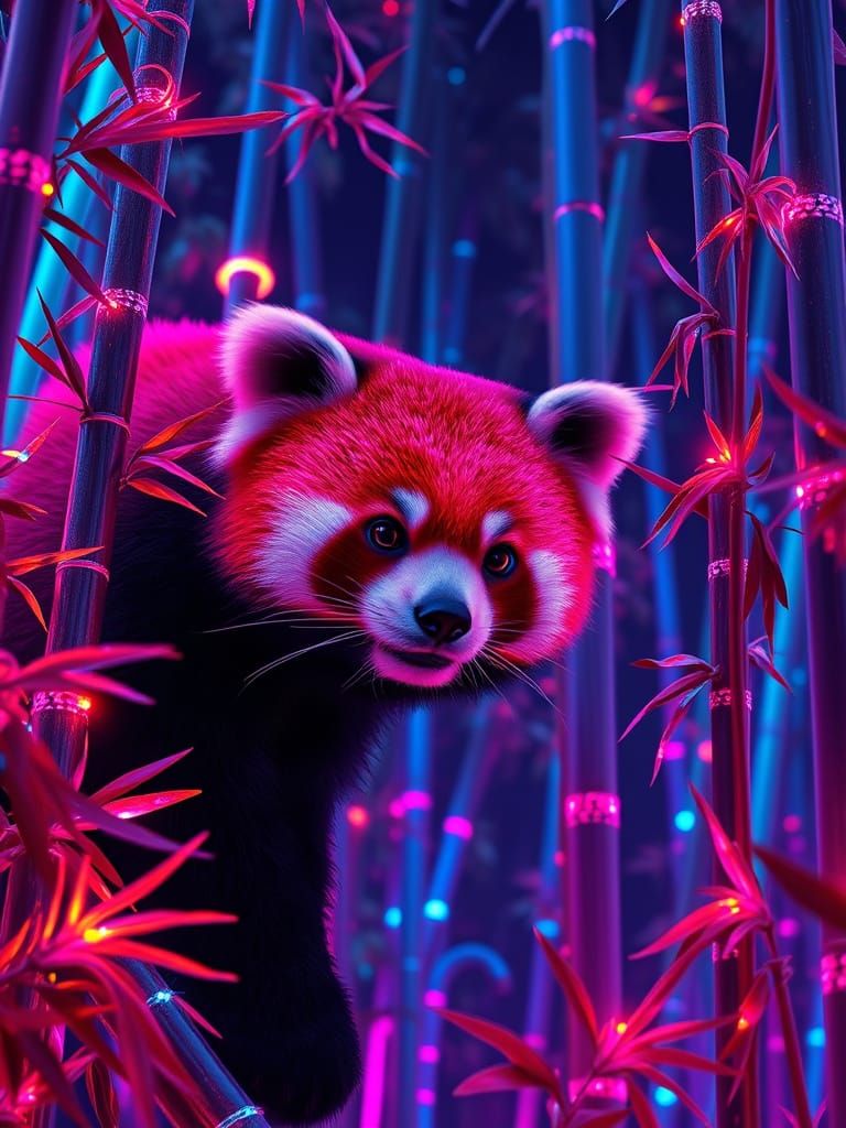 Red Panda in Fiberoptic Cyberpunk Bamboo Forest