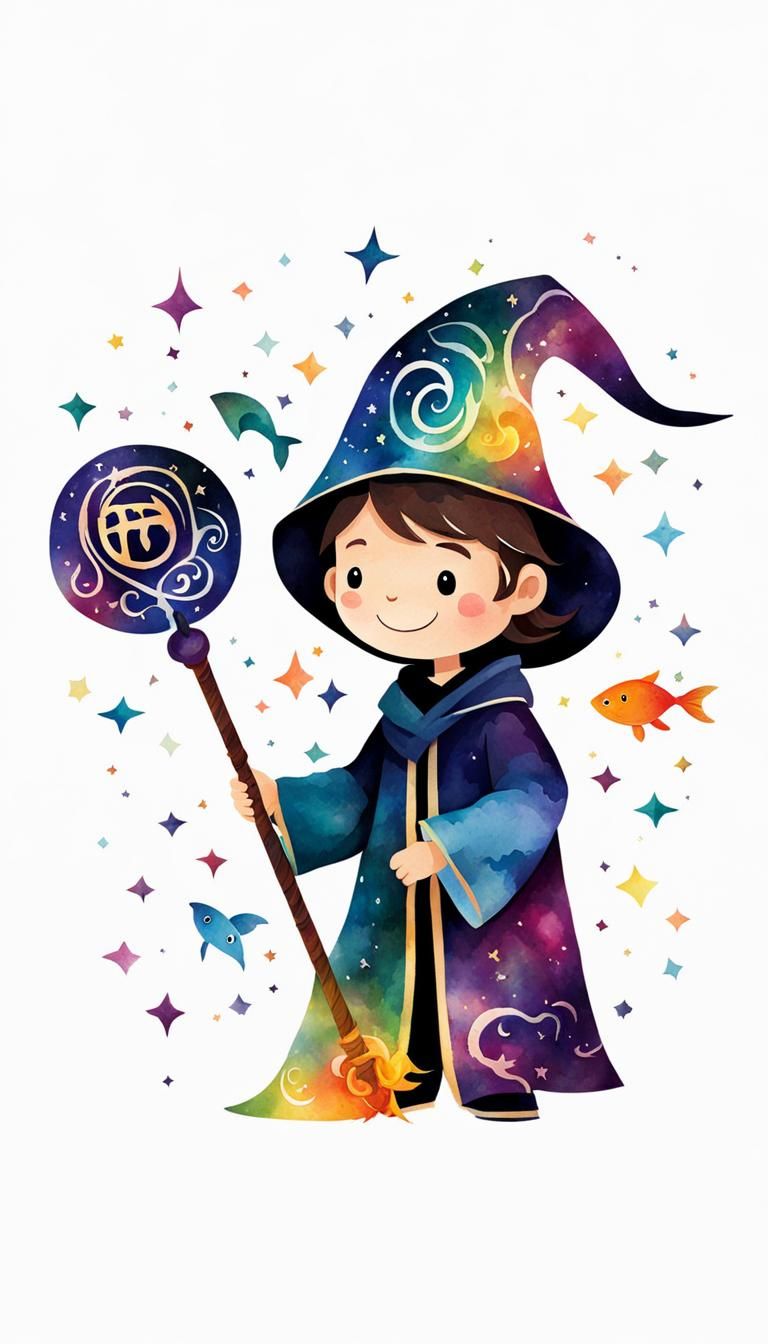 Happy Teenage Wizard with Magical Staff: Watercolor Papercut
