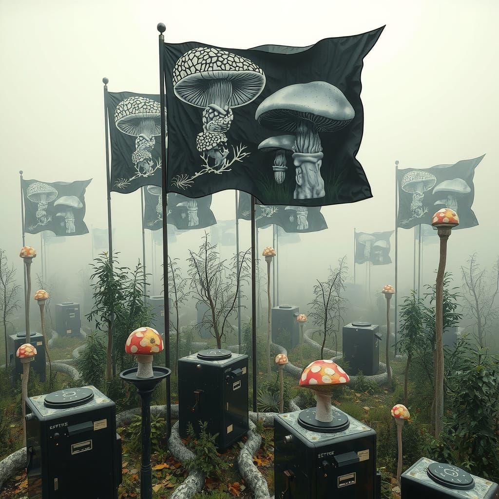 Dystopian Landscape with Mushroom Flags in Hyperreal Style