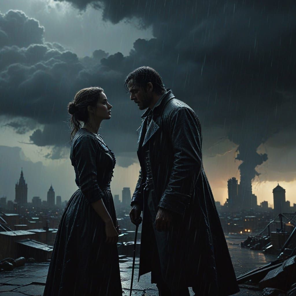 Suffering Couple in Stormy City: Oil Painting