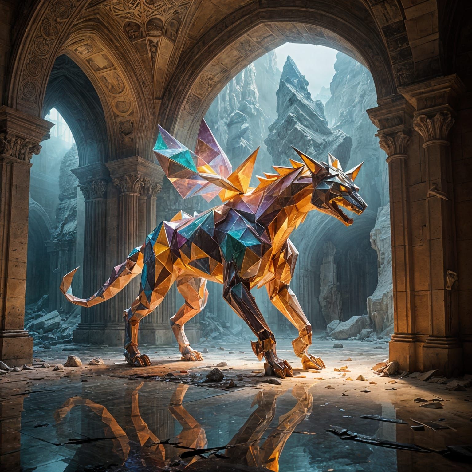 Monolithic Origami Creature in Crumbling Sanctum