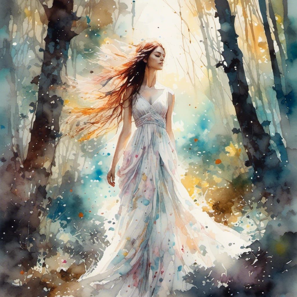 Woman in White Dress: Watercolor Fantasy