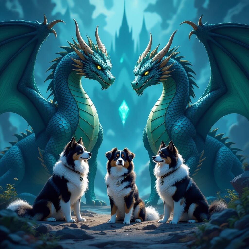 Loyal Dogs Guard Majestic Dragons in Detailed Matte Painting