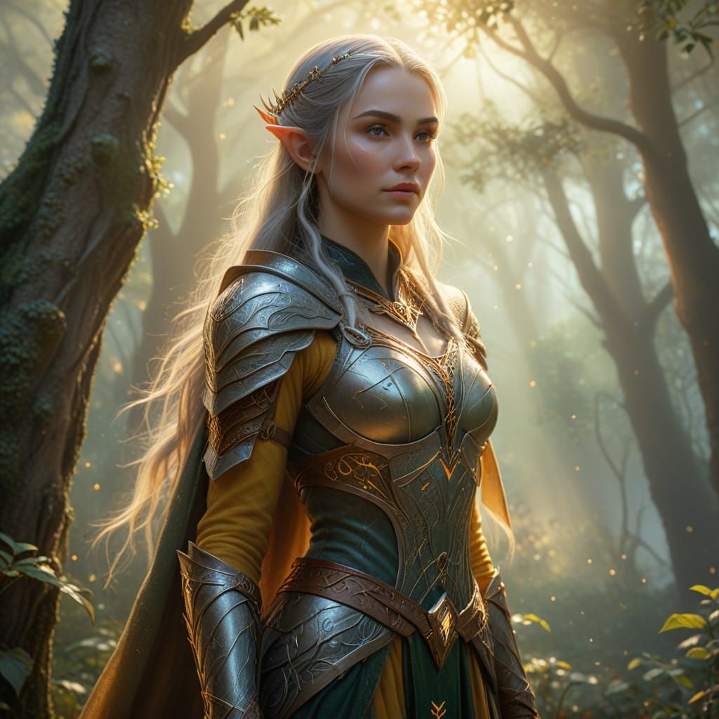 Elvish Warrior in Sacred Grove: Hyperrealistic Fantasy Art