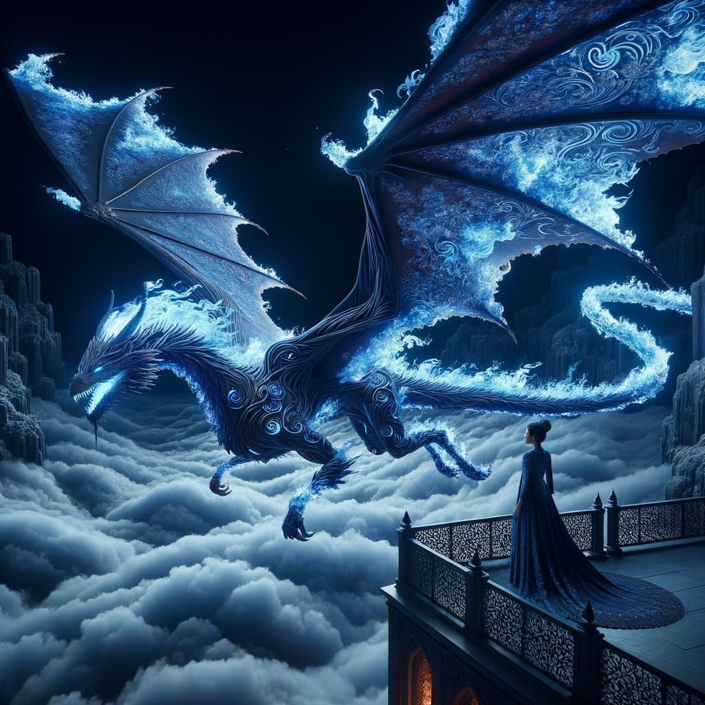 Blue Flame Dragon Over Mystic Clouds