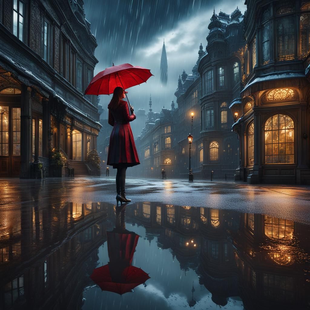 Woman, Umbrella, Monster Reflection in Detailed Matte Painti...