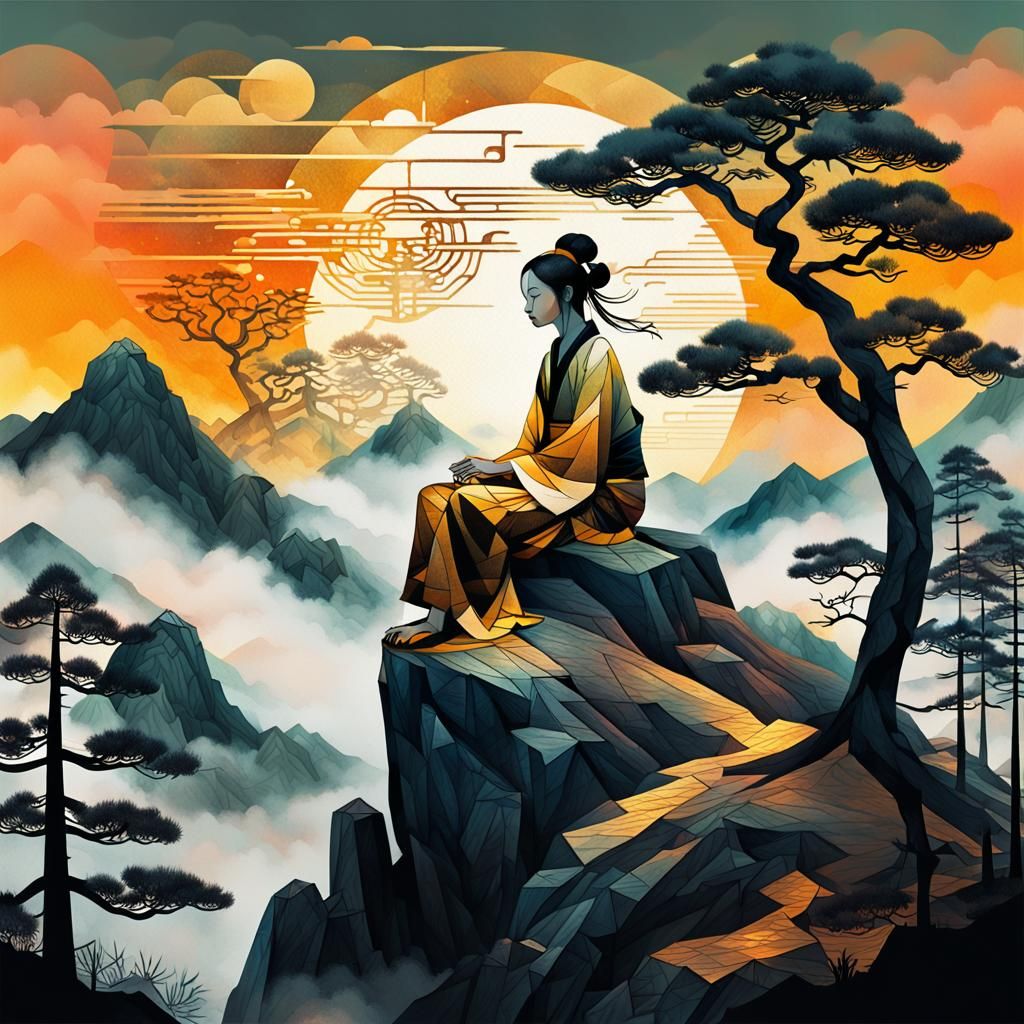 Chinese Fairy on Mountain Peak in Ink Style