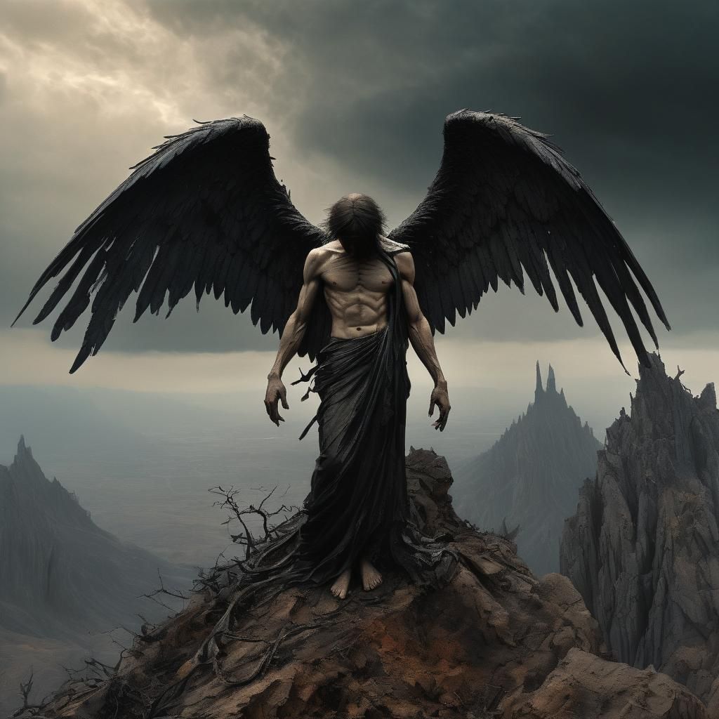 Fallen Angel on Apocalyptic Peak in Dark Fantasy Style