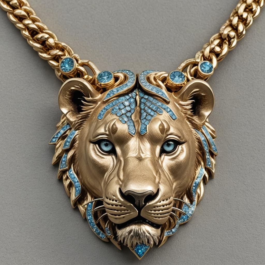 Lioness Head with Diamond Necklace: Elegant Gold Design