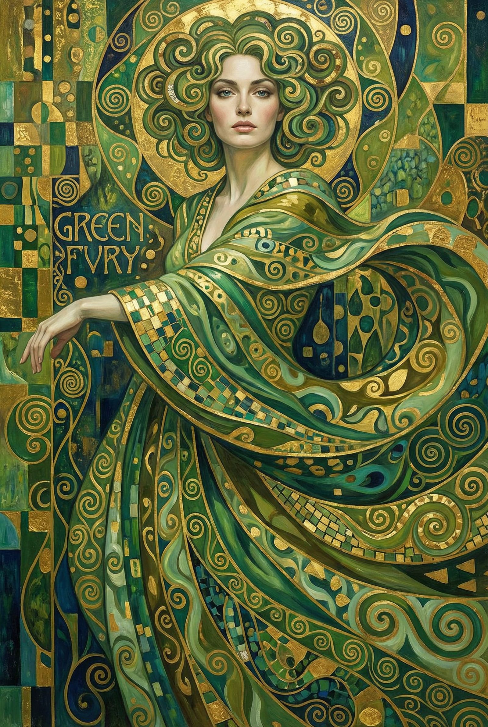 Green Fury Portrait in Klimt Art Nouveau Style