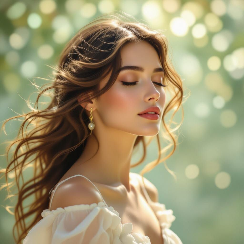 Dreamlike Portrait of Serene Woman with Flowing Hair