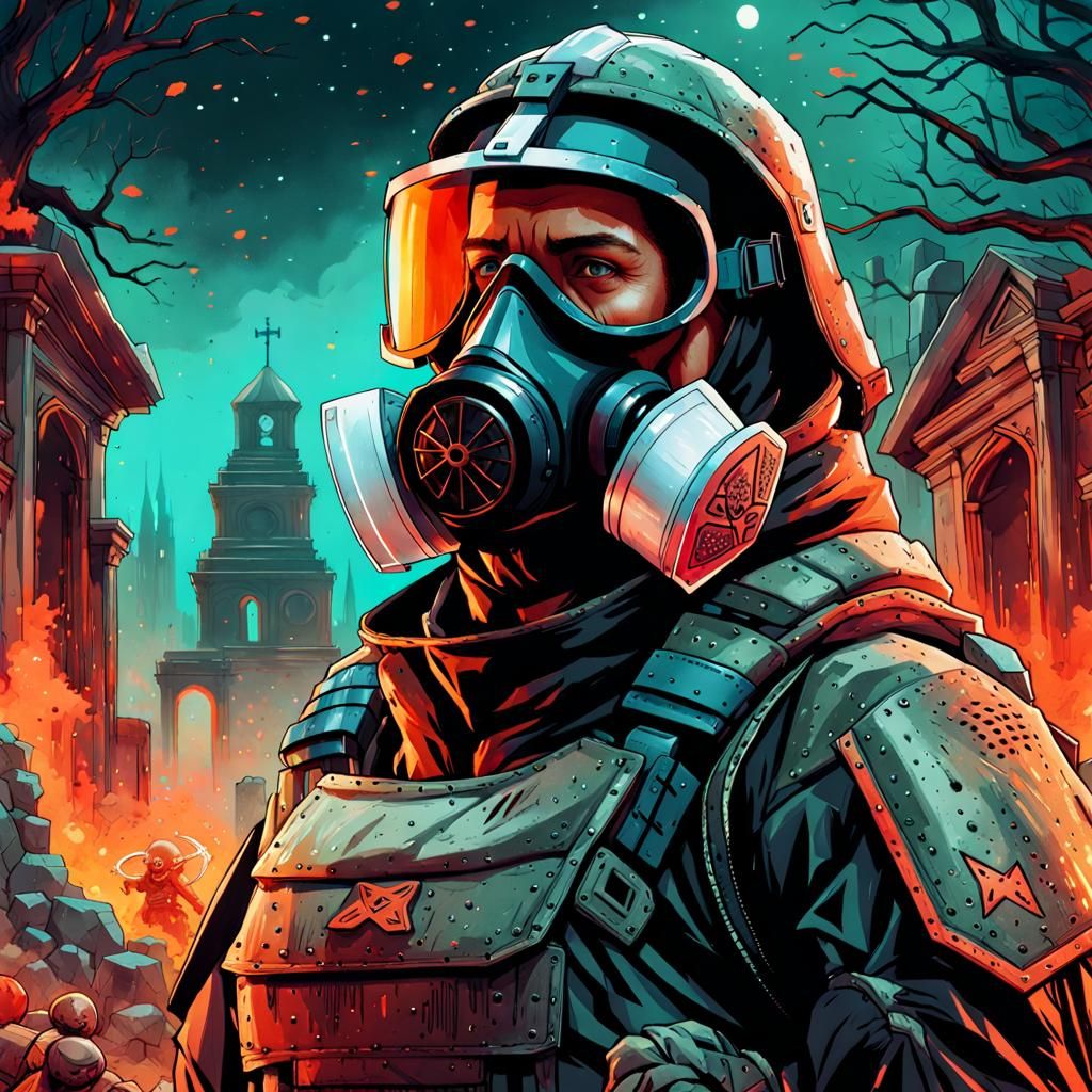 Soldier in Gas Mask in Haunted Graveyard, Watercolor