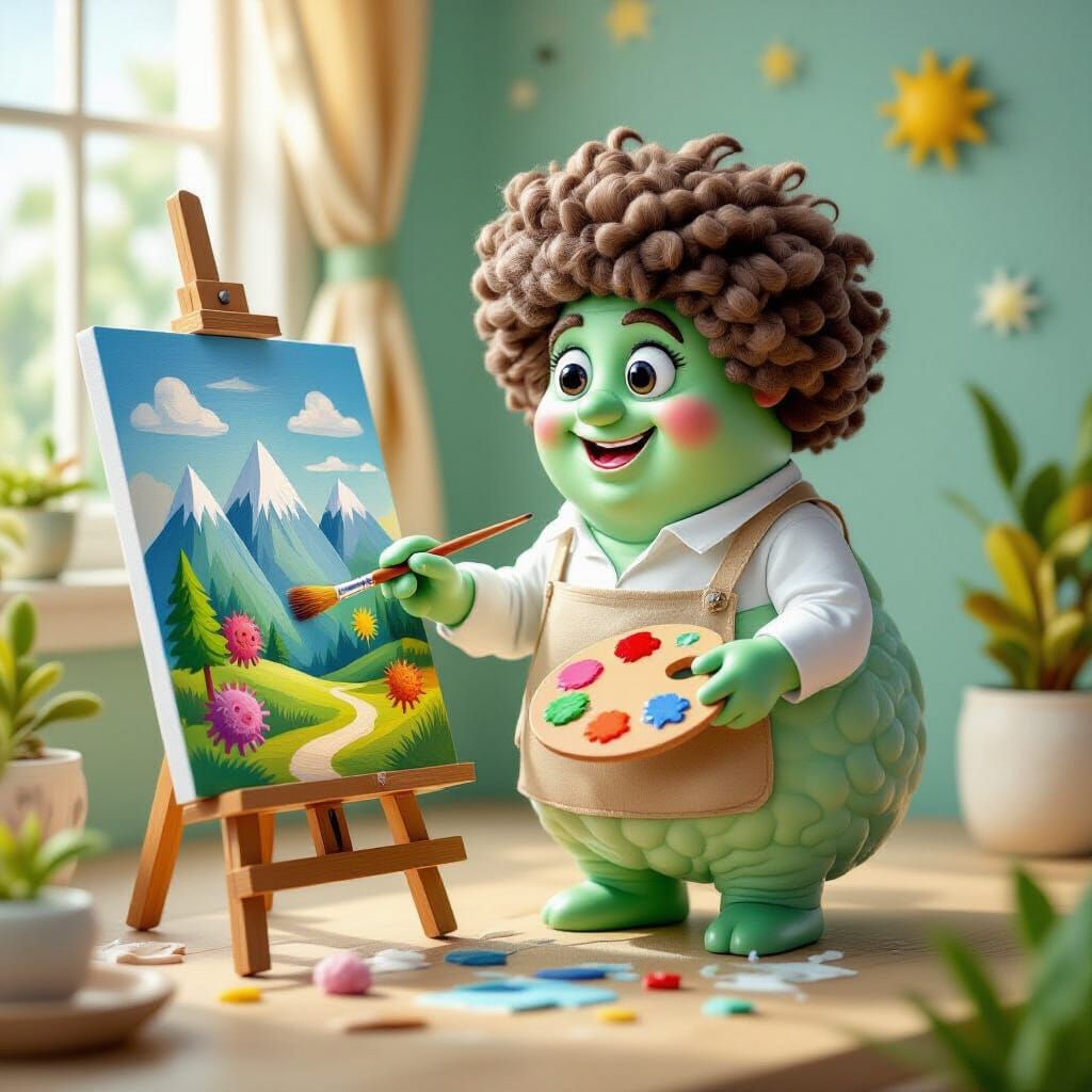 Amoeba Bob Ross Paints Germ Landscape in Whimsical Style