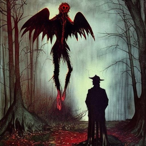 Terrifying Mothman in Moonlit Woods: Rockwell Style
