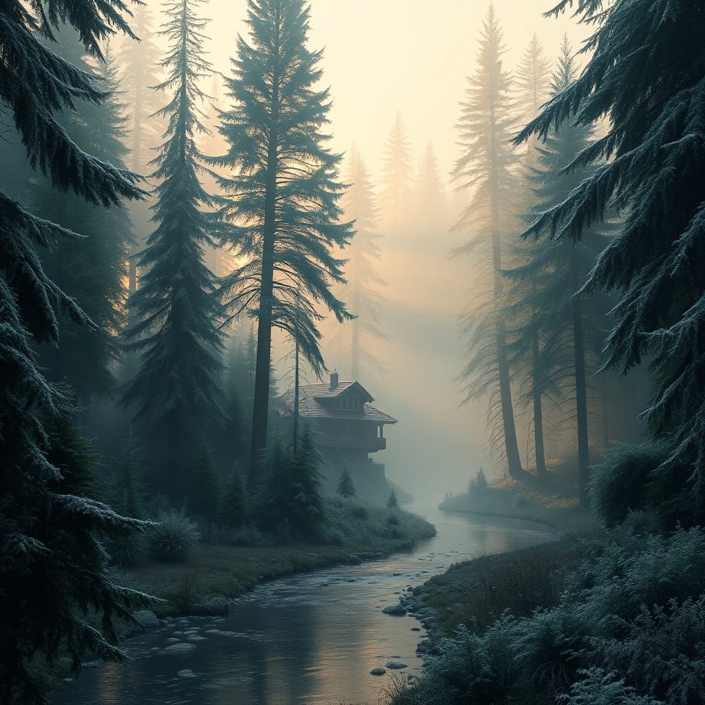 Mystical Monastery in Misty Coniferous Forest