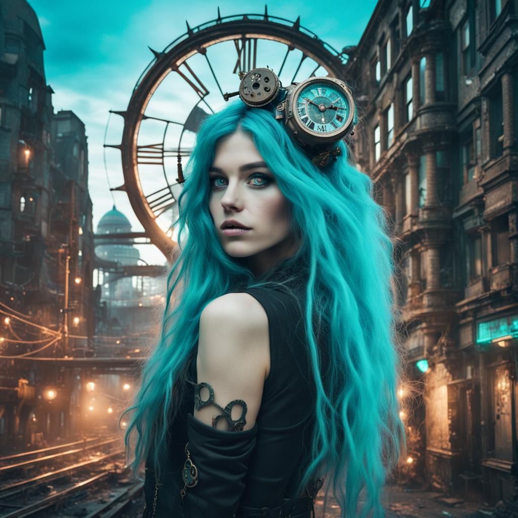 Enchanting Steampunk Artist in Neon Cityscape