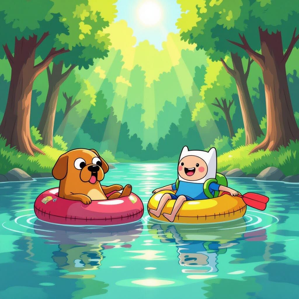 Jake and Finn Relaxing on Lake in Cartoon Style