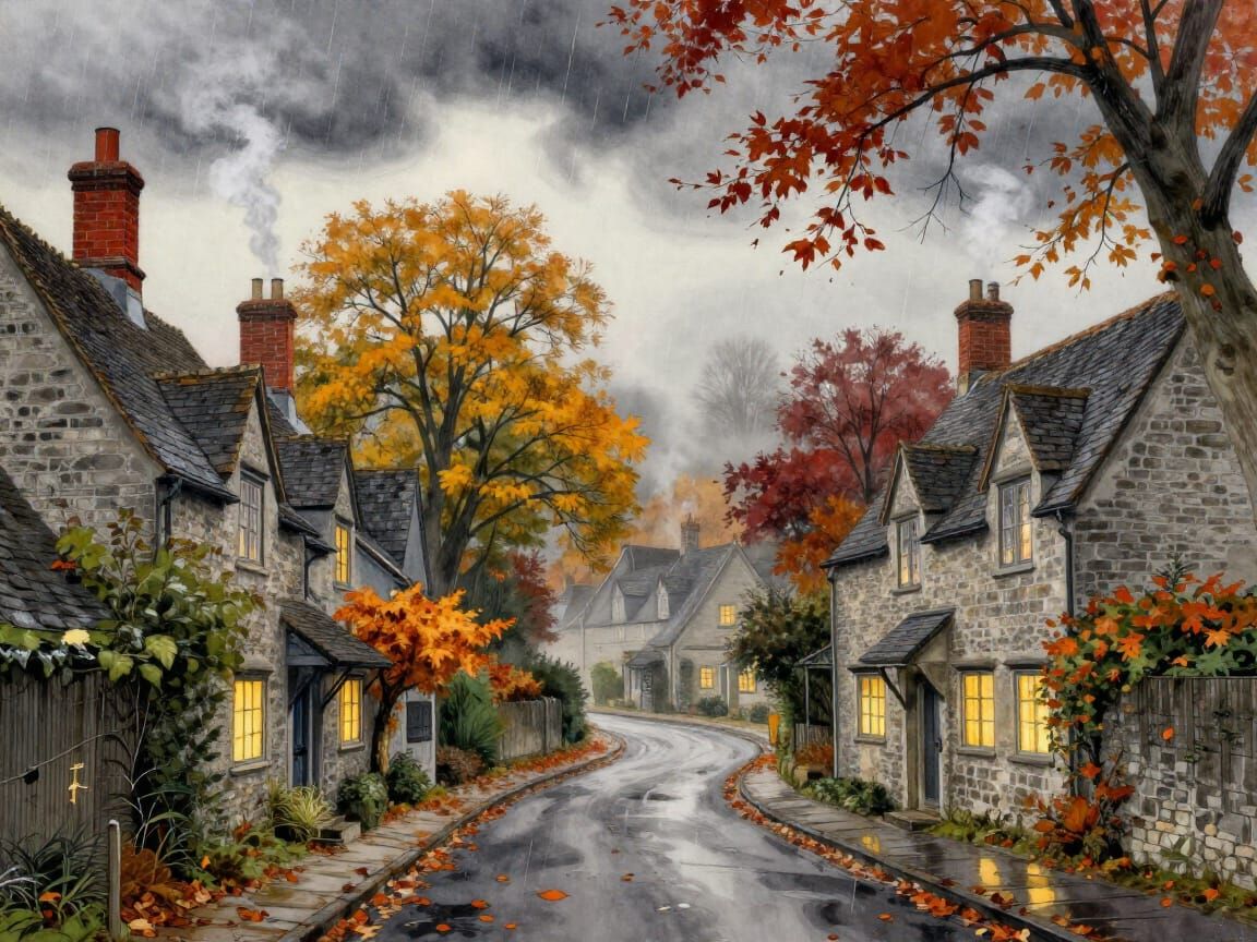 Misty Autumn Village Street in Watercolor Style