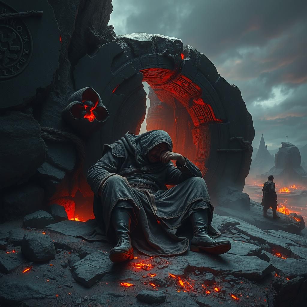 Worn Man by Mystical Portal in Fantasy Landscape