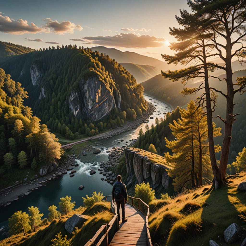 Golden Hour Majesty: Serene Landscape with Majestic Mountain...