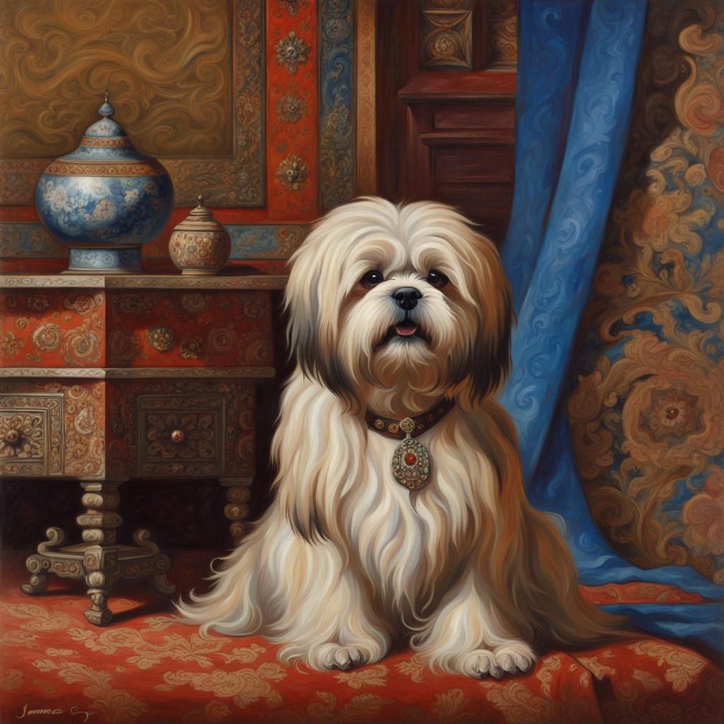 Lhasa Apso in Tibetan Palace as Oil Painting